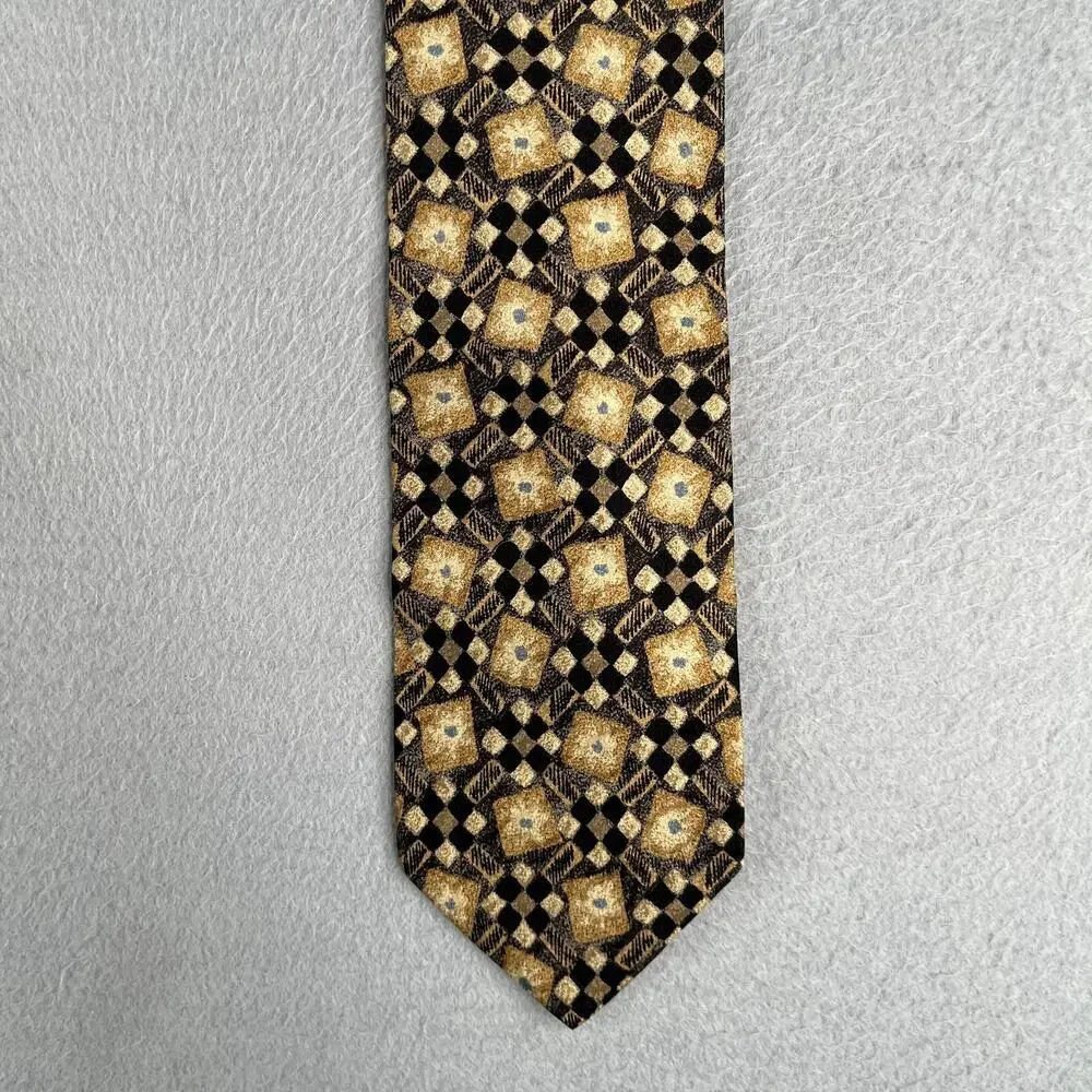 Vintage Canali Necktie Silk Beige Black Geometric Made In Italy